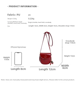 Detailed size specifications of the red retro saddle bag with iPhone comparison