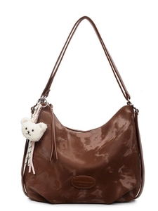 Grande borsa shopper marrone marmorizzata con ciondolo a orsetto e logo fashion
