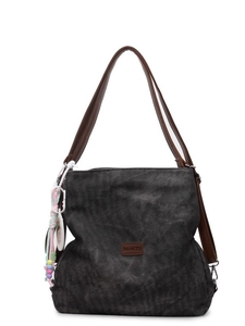 Dark grey canvas tote bag with brown leather straps and colorful tassel decoration