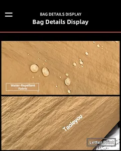 Close-up of water-resistant khaki nylon fabric with printed brand logo detail