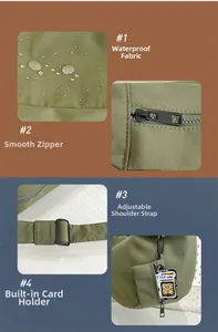 Waterproof nylon bag details featuring adjustable strap, smooth zipper and a small pouch