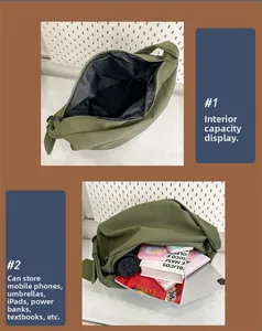 Detail view of large army green nylon dumpling bag showing spacious capacity for iPad and books