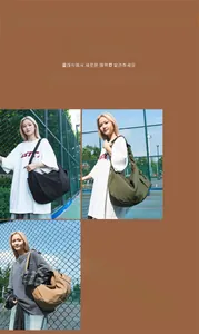 Three colors of large nylon dumpling bags with adjustable straps shown in outdoor shots