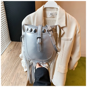 Detail of silver tassel crossbody bag featuring metallic studs and punk style fringe