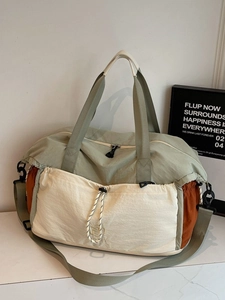 Expandable large travel duffel bag with tricolor patchwork design for gym and sports