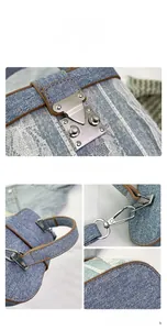 Macro detail of retro denim lace handbag featuring metal buckle and leather trimming