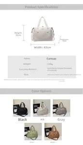 Detailed size specifications and color options for this large capacity canvas fitness bag