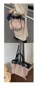 Detail of a large capacity two-tone contrast tote bag with premium suede texture