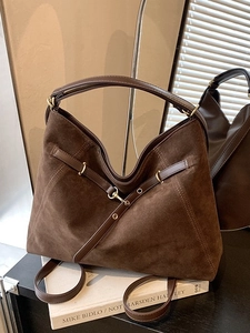Large dark brown hobo shoulder bag in faux suede with vintage buckle for daily commute
