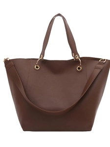 Classic dark brown matte leather tote bag with gold ring hardware and shoulder strap