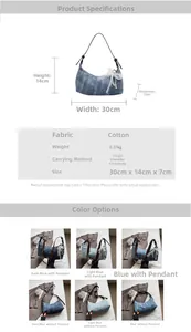 Größentabelle für Denim-Schultertasche, Maße 30x14x7cm und Stoffgewicht 0,27kg