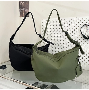 Detail of nylon dumpling bag with detachable pouch and wide shoulder strap