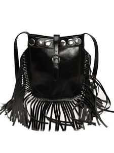 Fashionable black faux leather tassel bucket bag with silver studs and shoulder strap