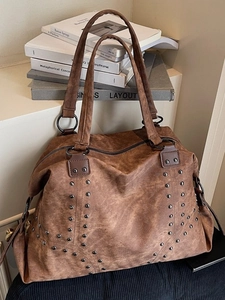 Vintage Rivet Large Capacity Tote Bag For Women PU Leather Distressed Shoulder Bag Fashion Retro Style Daily Commute Handbag