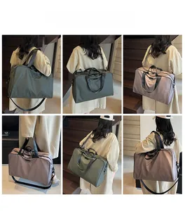 Detailed model display of olive green and purple waterproof nylon large travel duffel bags