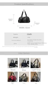 Detailed size specifications and color selection for this large capacity fitness travel bag