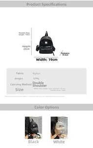 Specifications chart for mini nylon backpack with dimensions and color options