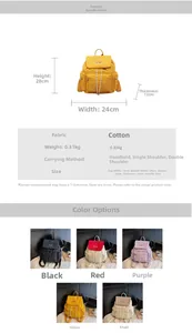 Detailed size chart and multi-color nylon backpack specs showing 28cm height and dimensions