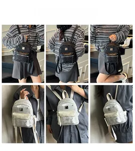 Mini backpack set in black and light grey shown from multiple angles on a model