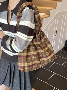 Retro plaid tote bag with twisted knot strap for autumn winter commute and daily wear