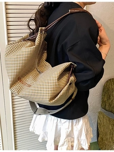 Large gingham pattern crossbody bag with brown leather strap and brand embroidery