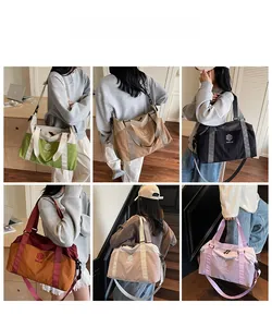 Collage of multi-functional travel bags in six colors shown on models in daily life scenes