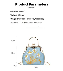 Detailed size guide for light blue embroidered floral canvas bag with metal frame handle
