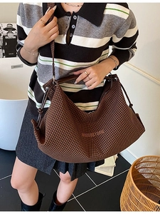 Brown checkered crossbody tote bag with MUDUOSTUDIO embroidery and large capacity