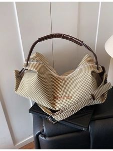 Casual checkerboard tote bag with brown handles and adjustable strap for women