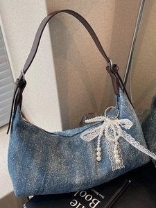 Vintage Denim Strass Unterarmtasche Damen Schultertasche Mit Künstliche Perle Schleife Spitze Anhänger Große Kapazität Alltagstasche