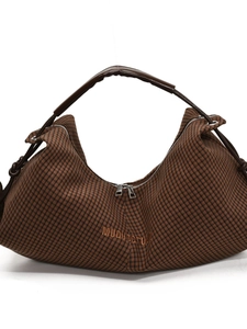 Brown checkered hobo bag with leather handle and large capacity casual design