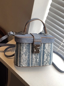 Blue denim and white lace box bucket bag with silver metal lock and top handle