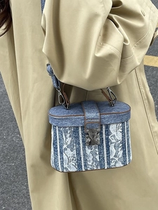 Blue denim and white lace bucket bag with brown leather handles for women