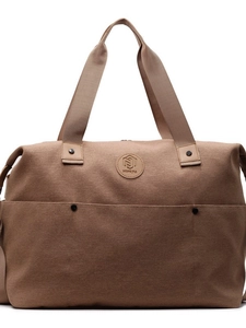 Large capacity canvas travel duffel bag with leather logo and sturdy handles in coffee brown