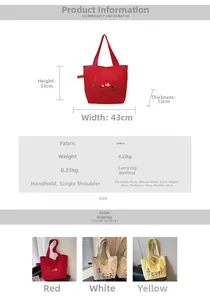 Detailed size guide of canvas tote bag with floral embroidery and multi-color options