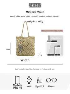 Detailed size specifications of lightweight woven beach tote bag with 38x39x3cm dimensions
