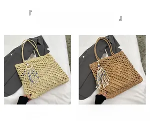 Detailed comparison of hollow mesh woven tote bags in beige and khaki with evil eye charms