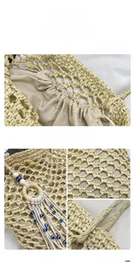 Detail of woven beach tote with evil eye tassel and secure drawstring lining