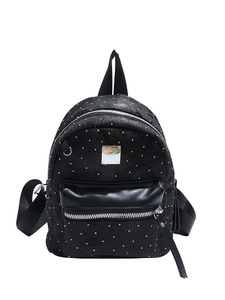 Chic black studded backpack with silver metal logo plate and front zipper pocket