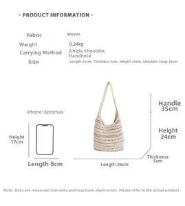 Size guide for the woven shoulder bag showing dimensions and iPhone scale reference
