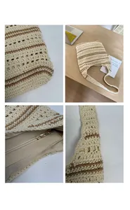 Detail of color-block knit tote bag featuring hollow-out pattern and secure zipper closure