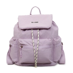 Lavender purple nylon backpack with flap drawstring closure for travel and school