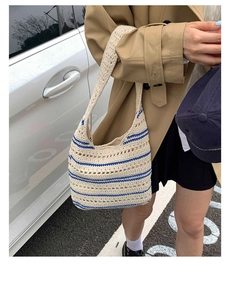 Detail shot of the woven hobo bag with blue stripes and hollow knit texture