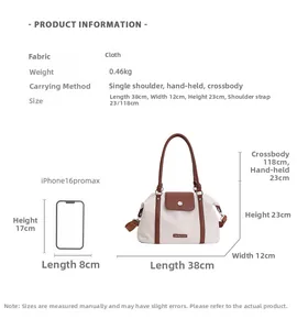 Infographic showing cream canvas tote bag dimensions 38x12x23cm and weight 0.46kg