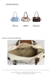 Detail view of large nylon tote bag in blue, black, and white showing spacious inner pocket