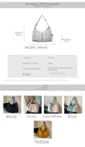 Detailed chart showing size dimensions, technical parameters and five color options for the tote