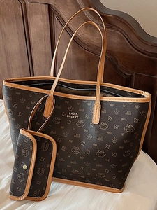 Women PU Leather Tote Bag With Matching Pouch Large Capacity Shoulder Bag Cartoon Monogram Print Casual Commuter Bag
