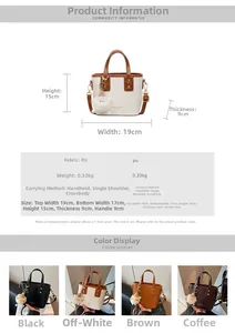 Detailed size chart for the mini PU leather bucket bag showing dimensions and four colors