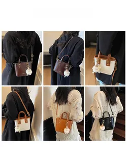 Detailed views of mini bucket bag in four colors with plush ball and gold logo detail