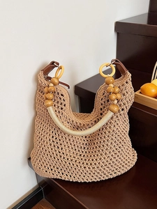 Sac Seau Tricoté à la Main pour Femme Grande Capacité Sac à Bandoulière Ajouré Avec Bandoulière en Perles de Bois Sac de Plage